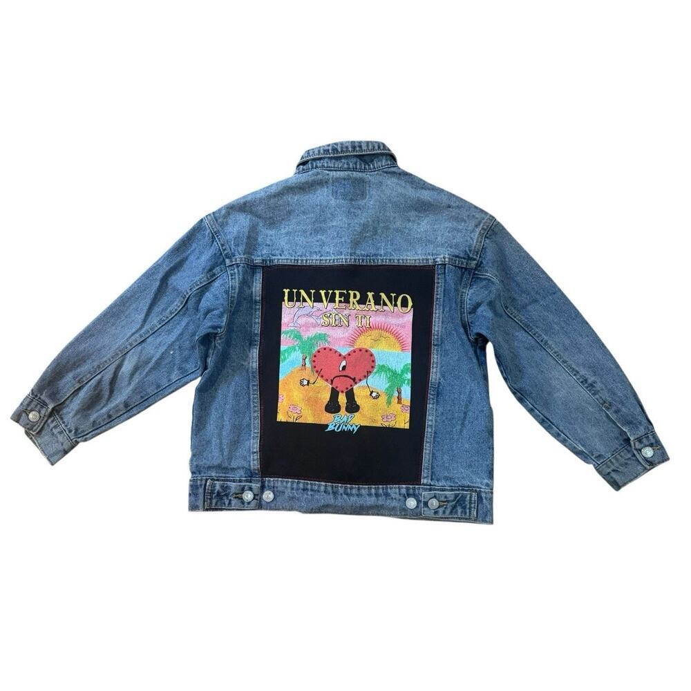 BAD BUNNY Un Verano Sin Ti Reggaeton House Upcycled Retro Denim Jacket Size L - Picture 7 of 14